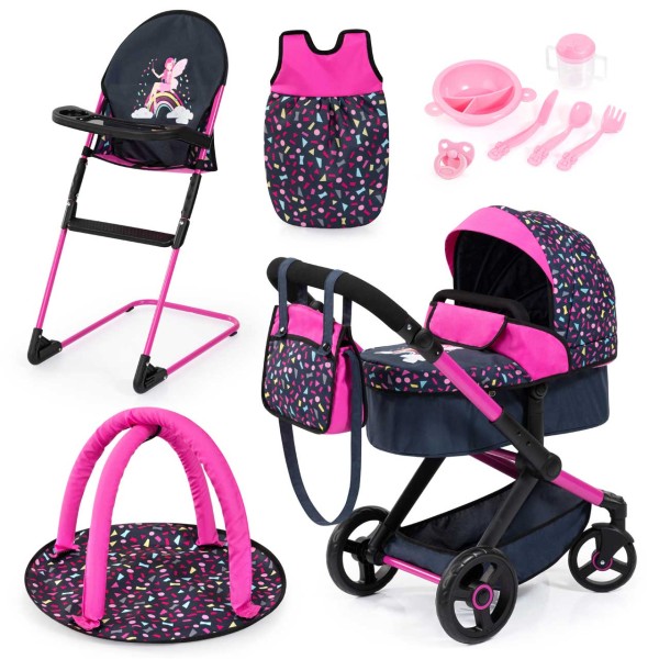 Puppenwagen Xeo Deluxe Set mit Zubehör Konfetti (Schwarz-Pink)