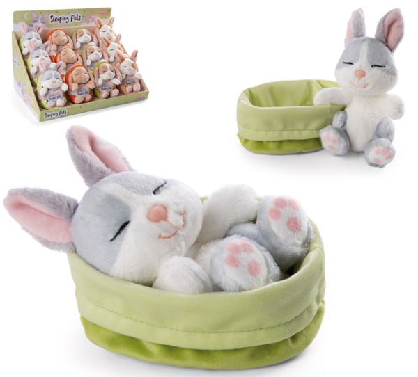 Kuscheltier Sleeping Pets Hase Grau 12 cm im grünen Körbchen