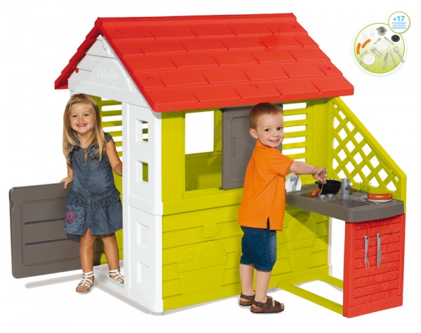 Smoby Spielhaus Natur Haus Mit Sommer Spielkuche Rot Grun