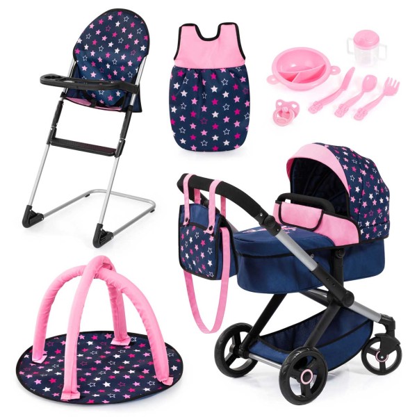 Puppenwagen Xeo Deluxe Set mit Zubehör Sternchen (Blau-Rosa)