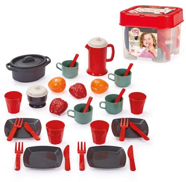 Dinner-Set mit Geschirr und Töpfen in Box (Rot-Grau)