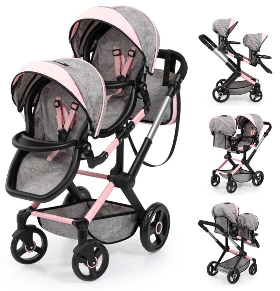 Zwillingspuppenwagen Xeo Twin (Grau-Rosa)