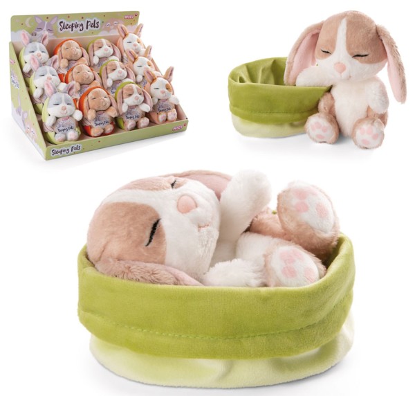 Kuscheltier Sleeping Pets Hase Cappuccino 12 cm im grünen Körbchen