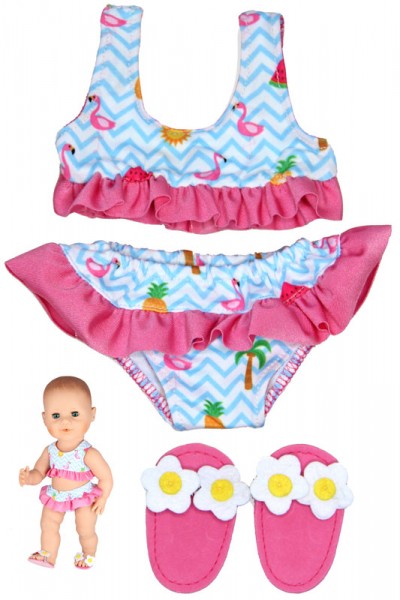 Flamingo-Bikini mit Badeschlappen für Puppe 28 - 35 cm (Pink-Hellblau)