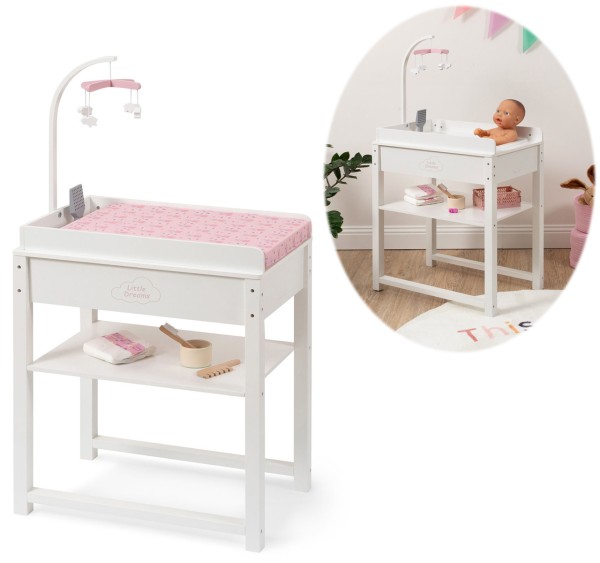 Puppenwickeltisch SPLASHY mit Badewanne und Mobile aus Holz (Weiß-Rosa)